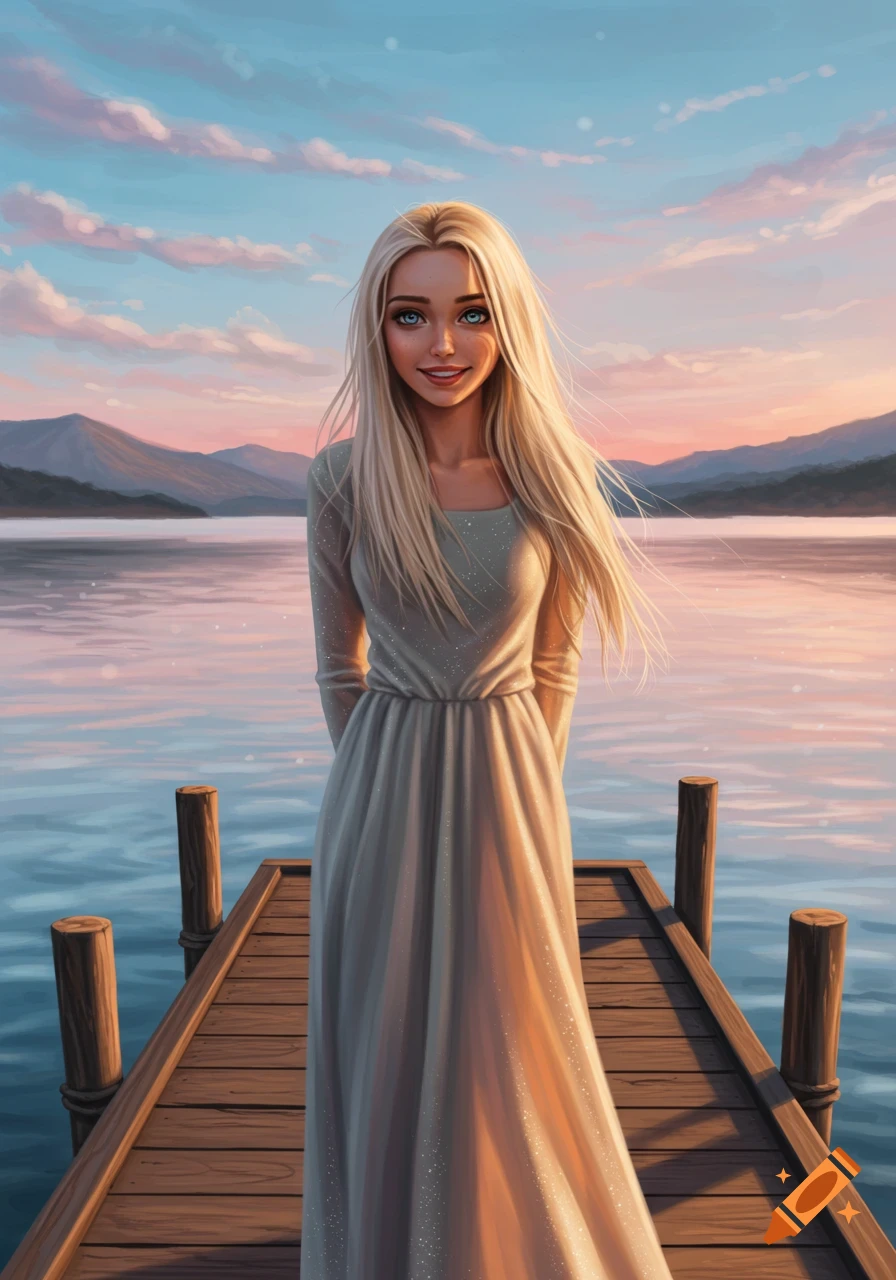 A smiling young woman with long blonde hair and blue eyes stands on a dock by a lake with mountains at sunset, digital painting.