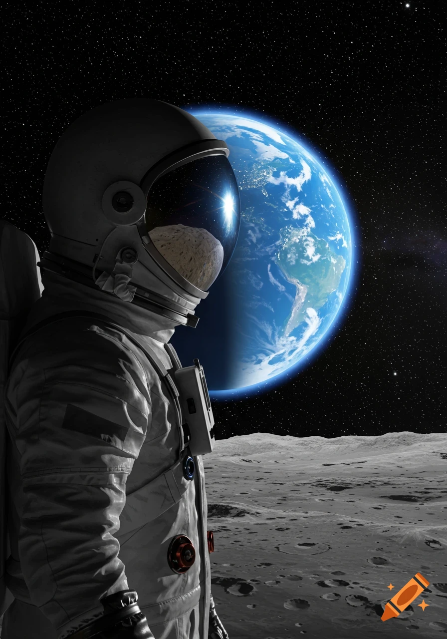 A photorealistic image of an astronaut standing on the moon, looking at Earth in the dark starry sky.