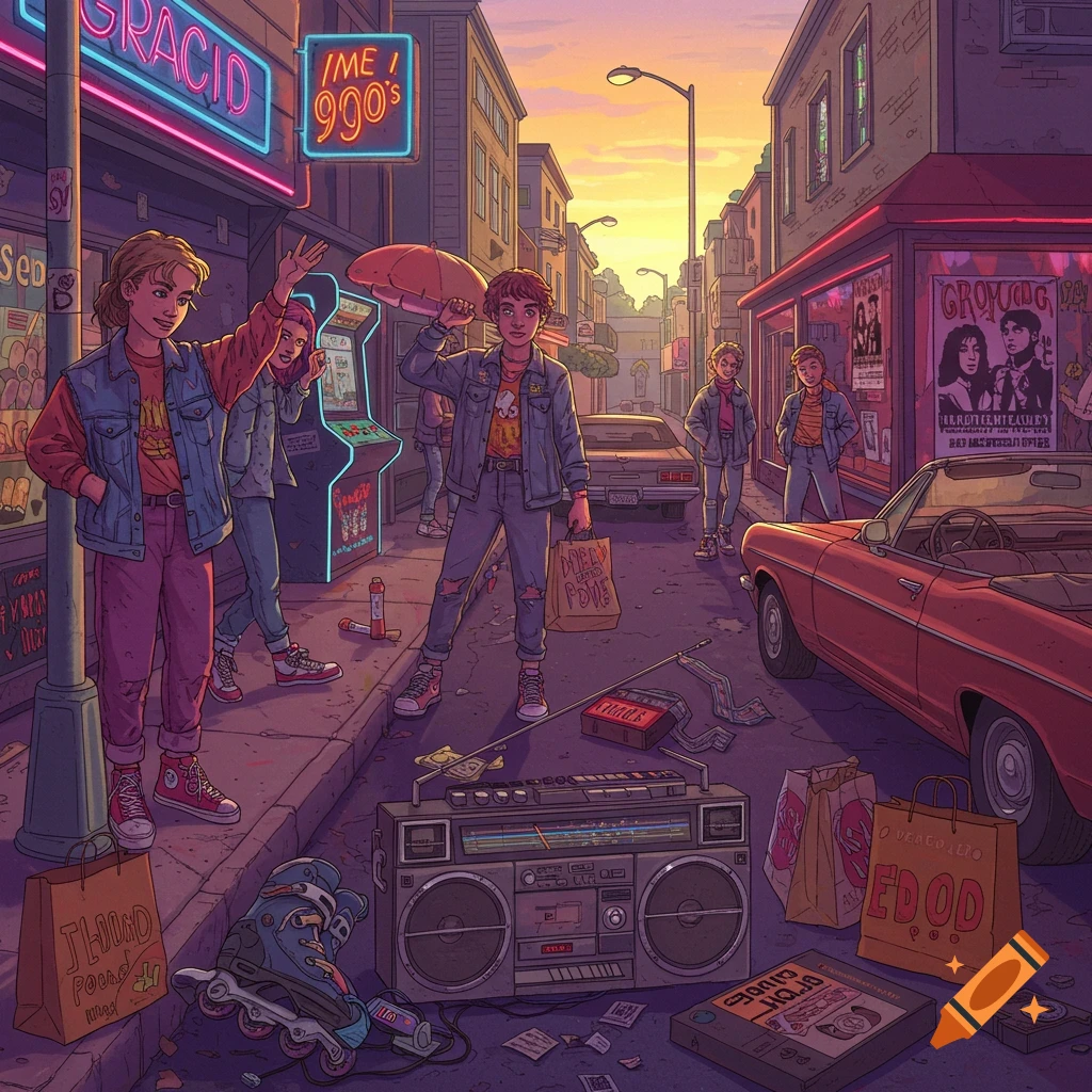 An illustrated 90s street scene at dusk with several people, arcade machines, classic cars, a boombox, rollerblades, and neon signs.