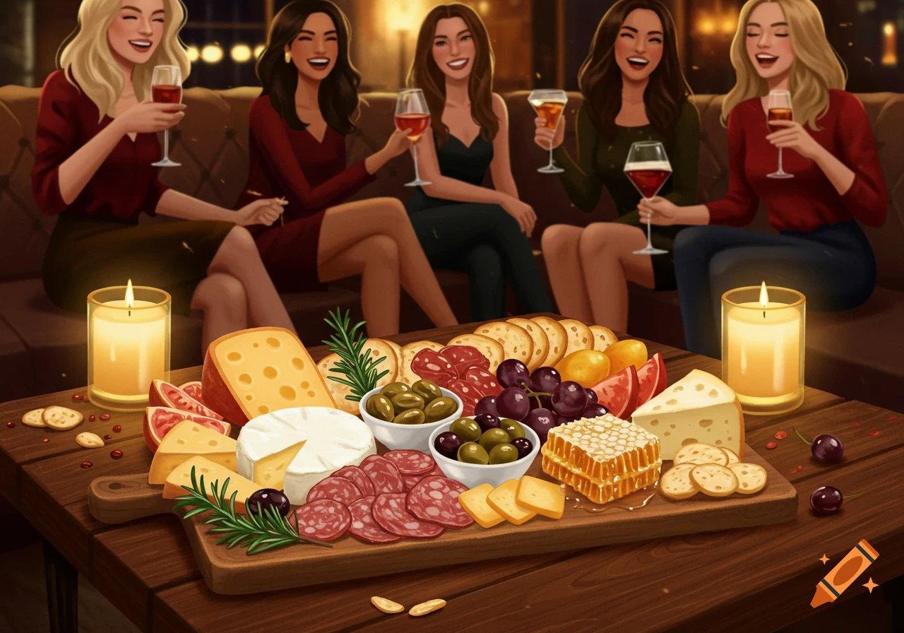 Five smiling women enjoying wine and a large charcuterie board at a cozy ladies night in a warm, illustrative style.