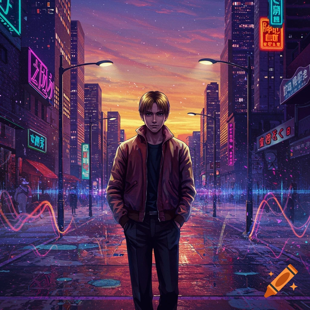 An anime-style young man stands on a neon-lit cyberpunk city street at sunset, hands in pockets.