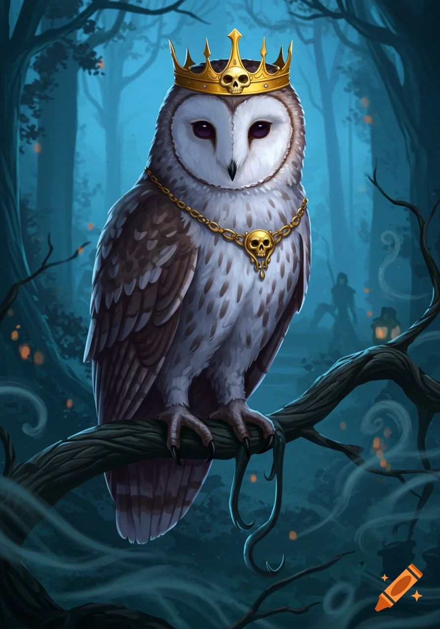 A digital art illustration of a regal barn owl wearing a golden skull-adorned crown and necklace, perched on a branch in a mystical blue forest.