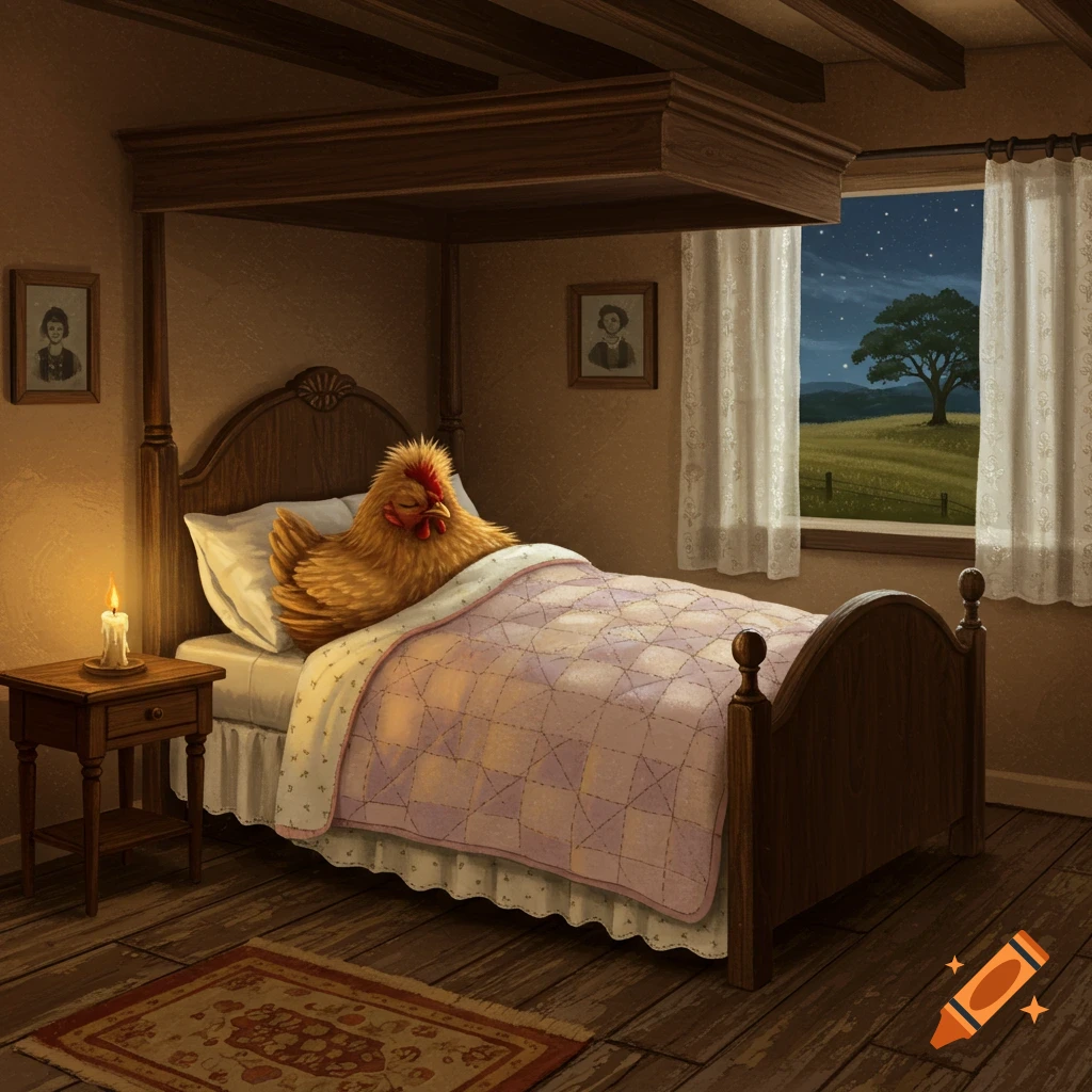 A fluffy chicken with a red comb sleeps soundly in a canopy bed with a pink quilt, lit by a candle on the nightstand, and a starry night visible through the window.