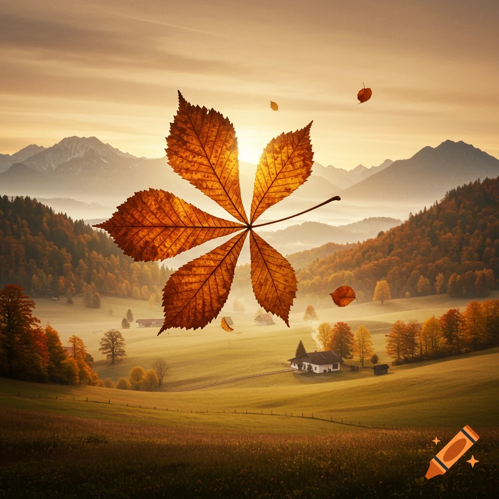 A large autumn chestnut leaf floats in front of a misty Bavarian valley with mountains, fall trees, and houses at sunset.
