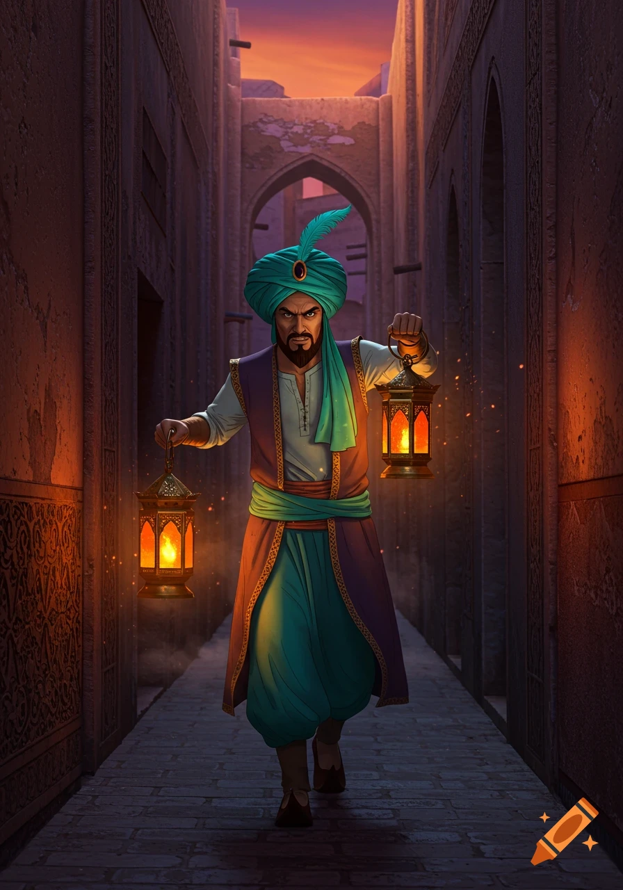 Angry man in a turban and traditional attire holding two glowing lanterns in a dark, old Persian-style animated alley.