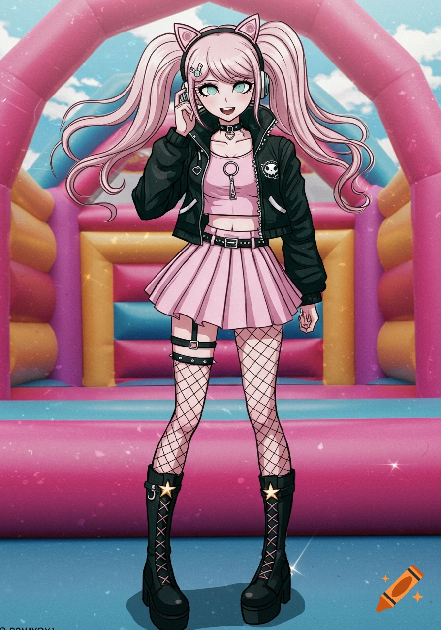 A pink-haired anime girl with cat headphones, a crop top, black jacket, pink skirt, fishnets, and boots stands in front of a colorful bouncy castle.