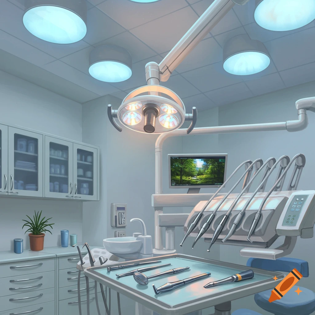 An illustrative view inside a clean dentist's office with a dental chair, instruments on a tray, cabinets, and overhead lights.