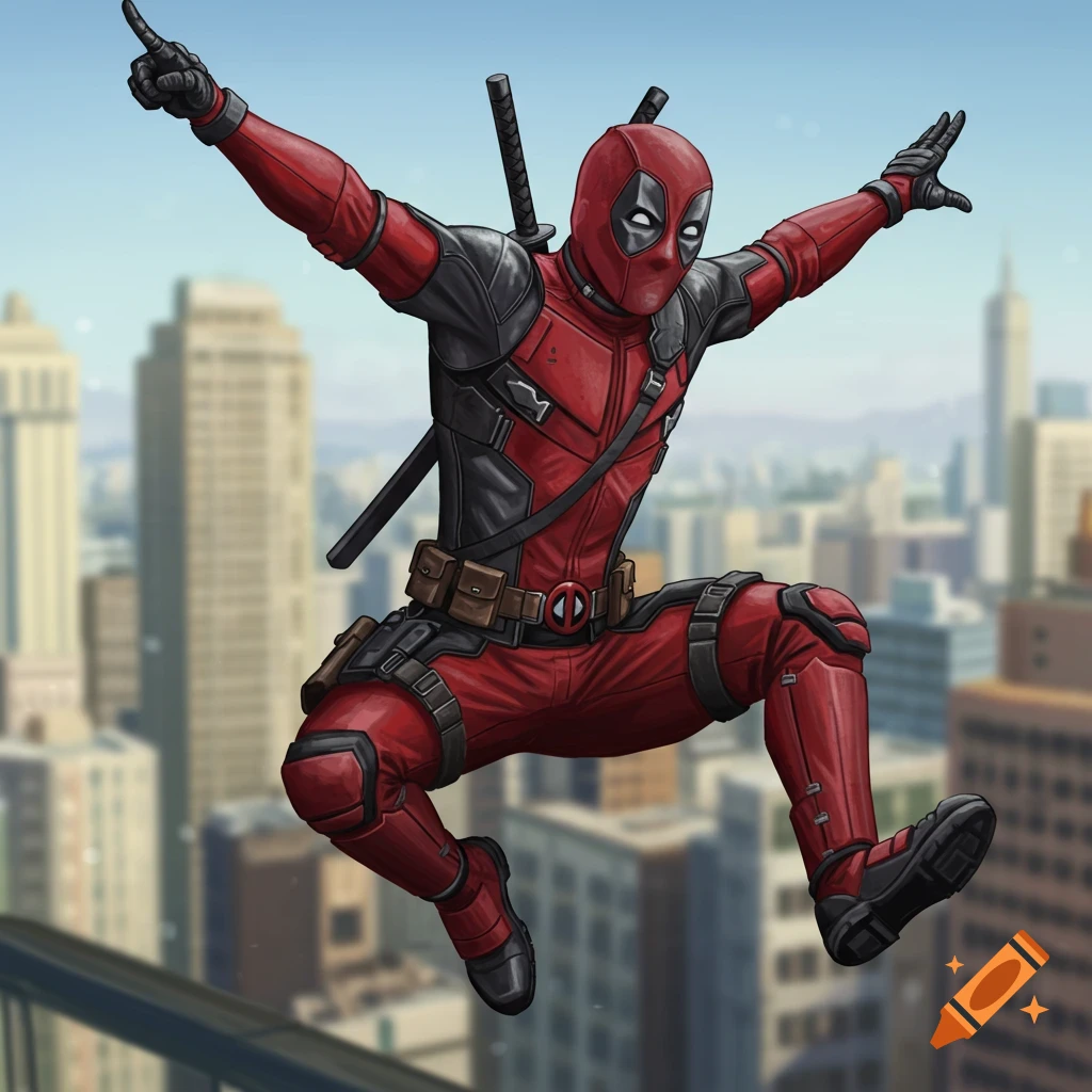 Deadpool in his red and black suit leaps in a dynamic pose above a city, in a comic book art style.
