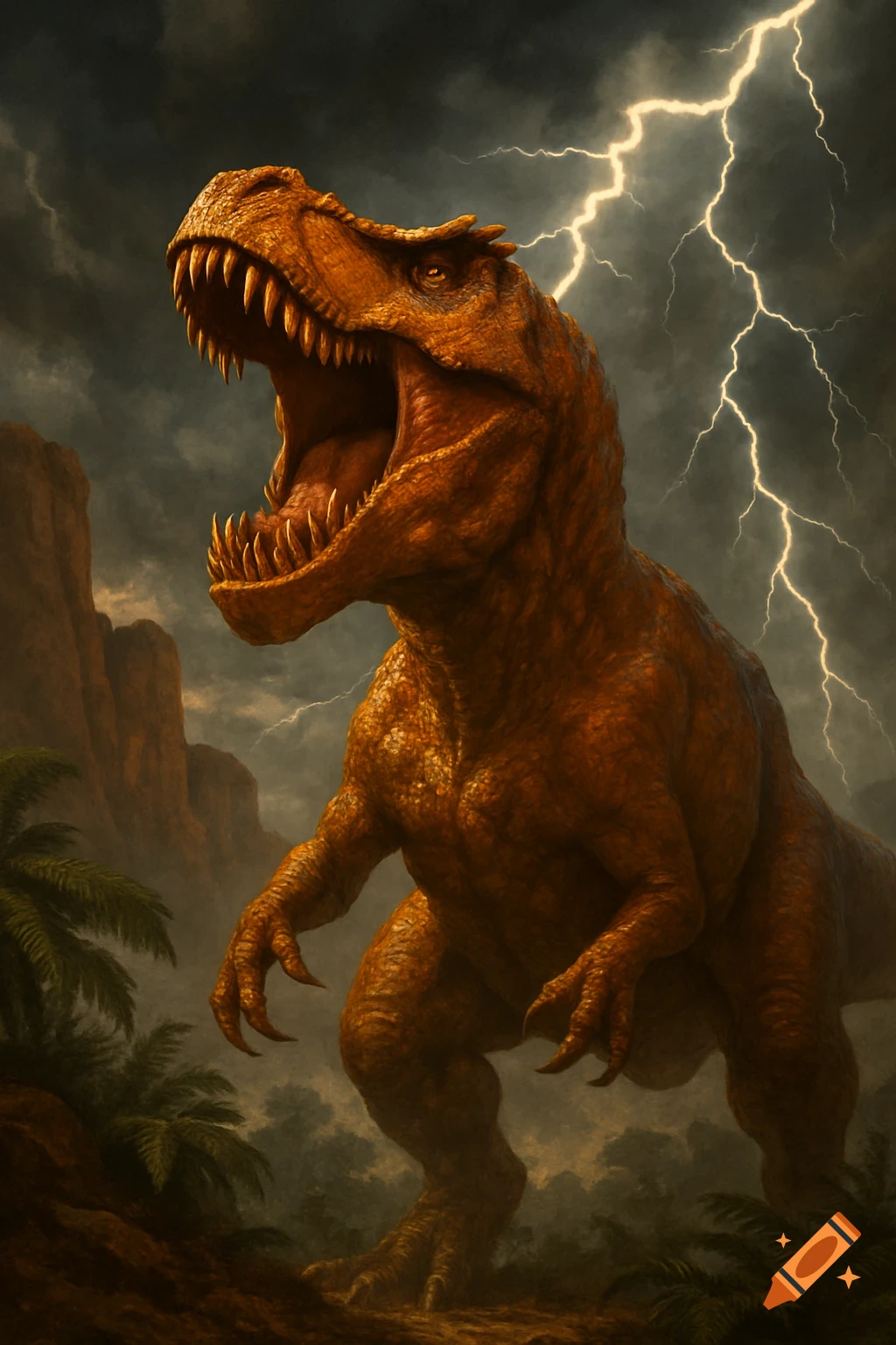 A large, orange, T-Rex-like dinosaur roars under a stormy sky with lightning, in a rocky, prehistoric jungle.