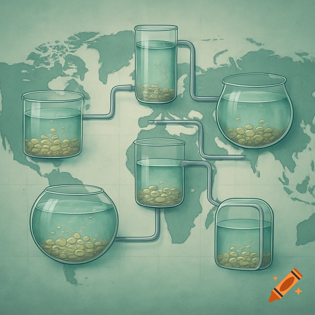A stylized illustration on a world map background shows various glass containers filled with water and coins, connected by pipes, with equal water levels.