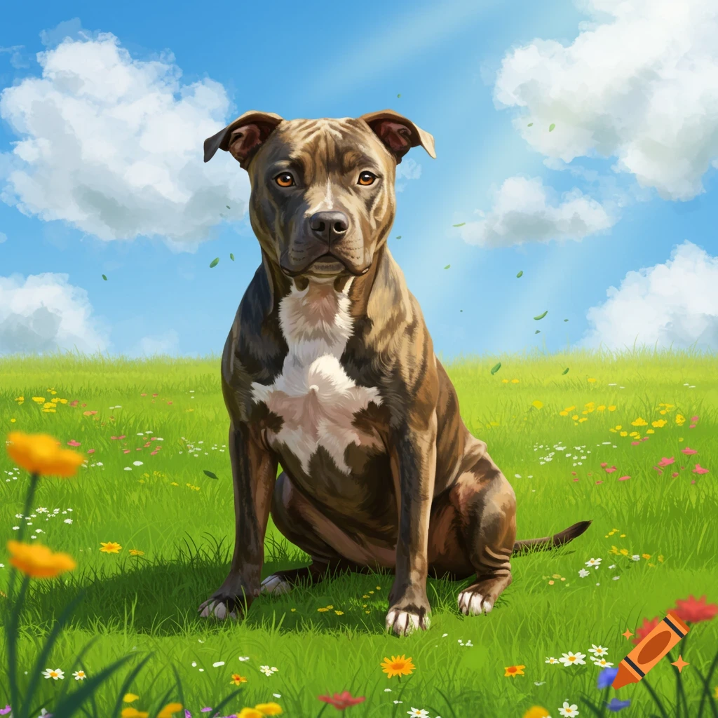 A brindle pitbull dog sits in a sunny green field with colorful wildflowers.