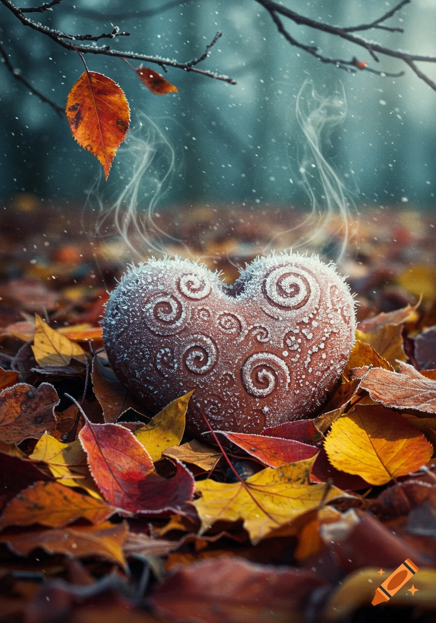 A frosty, heart-shaped object with swirls sits on colorful autumn leaves as steam rises, with falling snow in the background.