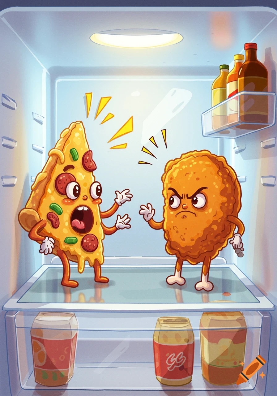 Cartoon slice of pizza with many arms arguing with a grumpy chicken nugget in a bright refrigerator, comic style.