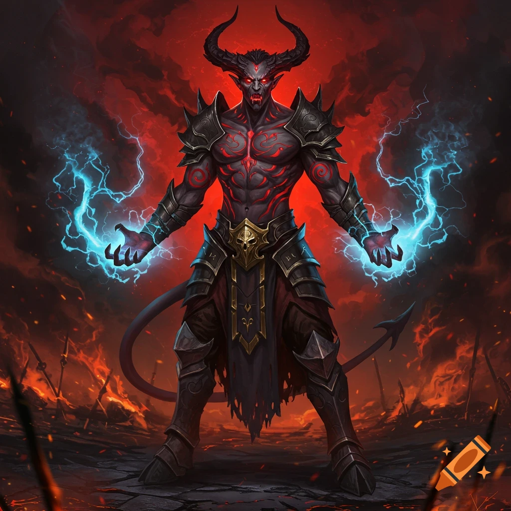 A powerful horned demon in black armor with red markings stands in a fiery hellscape, wielding blue lightning.