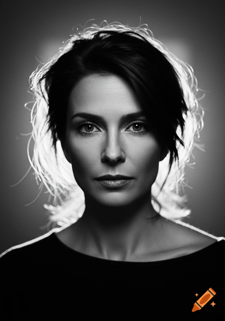 Monochrome headshot of a woman with dark hair looking directly at the camera, backlit against a dark background.