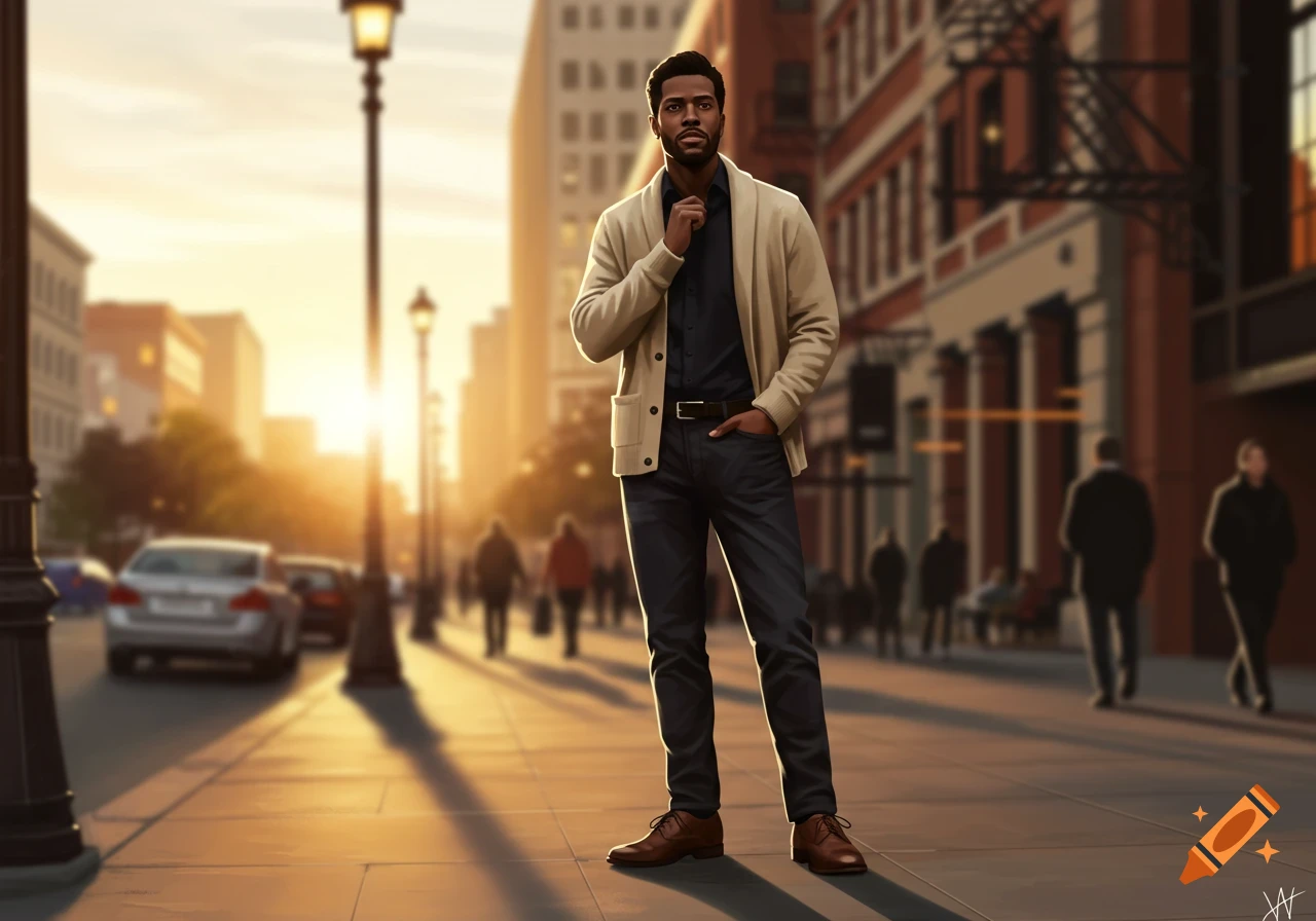 A man in a beige cardigan, black shirt, and gray pants stands on a city sidewalk at sunset, with buildings and blurred cars in the background.