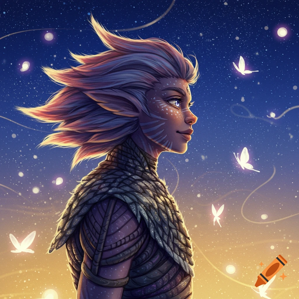 A fantasy character with spiky hair and glowing markings looks to the side, surrounded by glowing butterflies under a starry night sky.