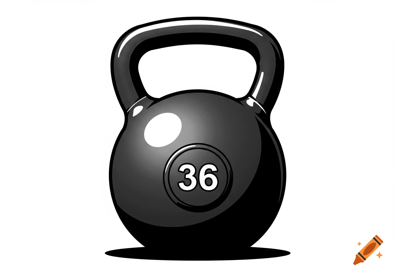 A black and white clipart illustration of a kettlebell with the number 36 on its front.