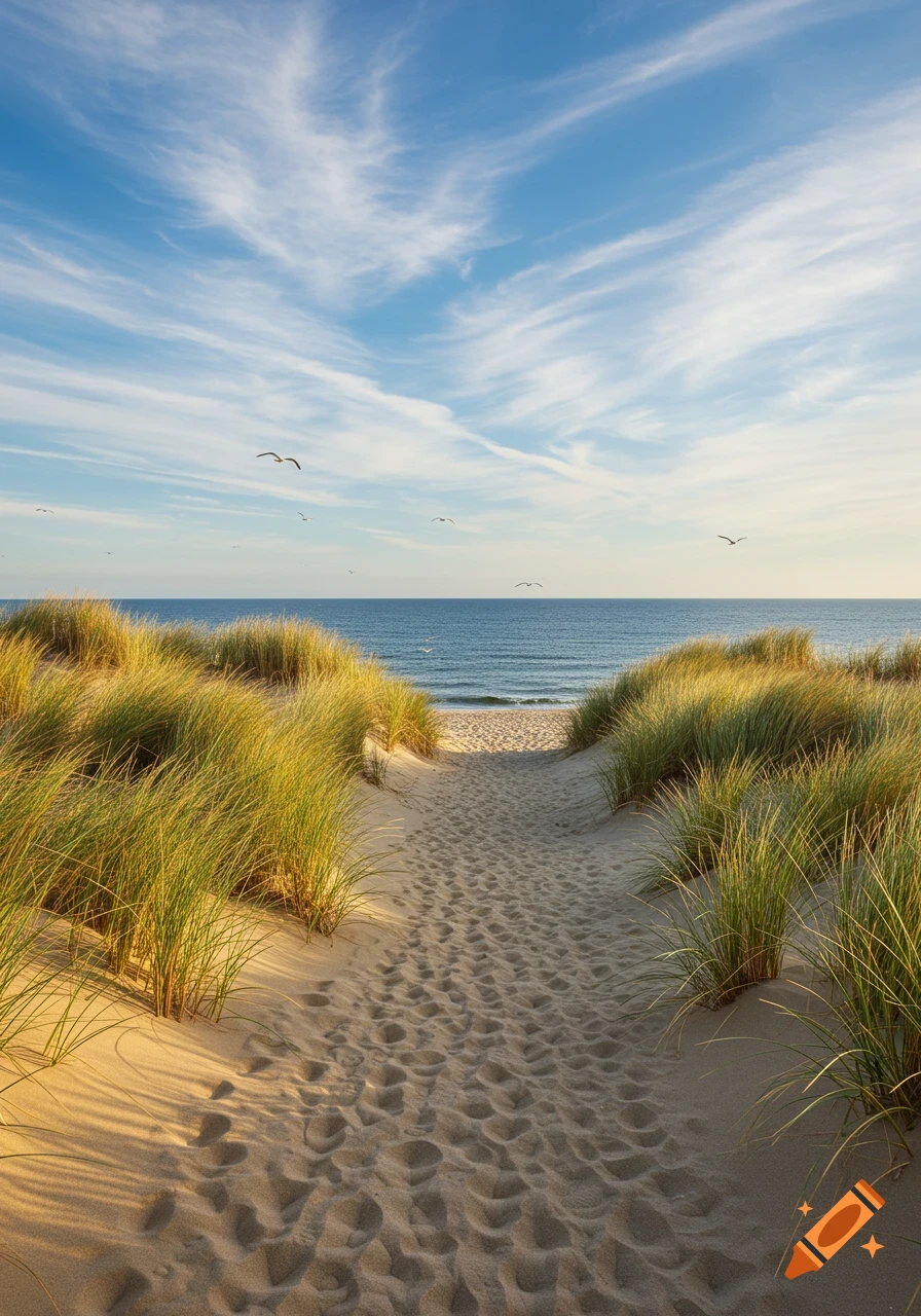 A sandy path winds through green dunes to a serene beach with the ocean under a blue sky with wispy clouds and birds.