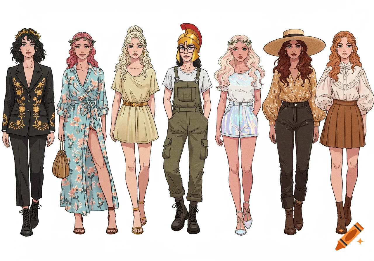 Seven diverse female characters in various modern outfits, depicted in a colorful cartoon illustration against a white background.