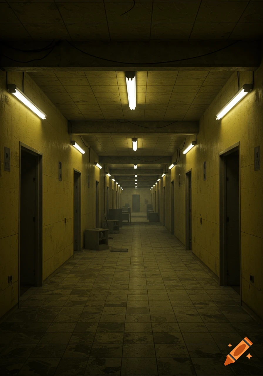 A long, dimly lit, eerie corridor with yellow walls, many doors, and flickering fluorescent lights.