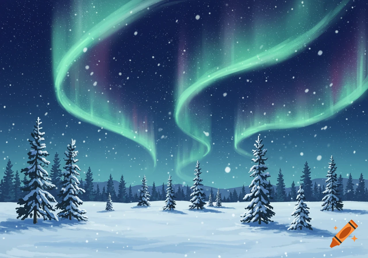 A vibrant aurora borealis dances over a snowy winter landscape with pine trees and falling snow at night.