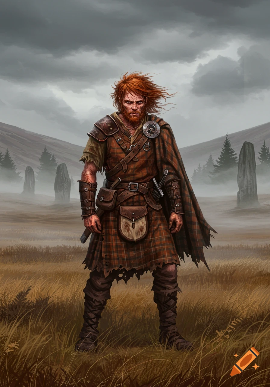 A fierce, red-haired Scottish warrior in a tartan kilt stands in a misty, rocky landscape with ancient stones.