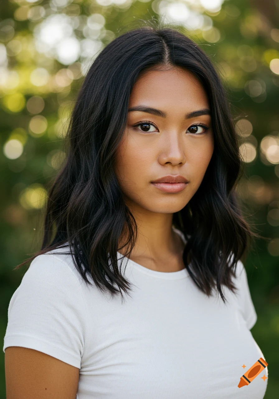 Photorealistic portrait of a young woman with dark hair wearing a white t-shirt, against a blurry green outdoor background.