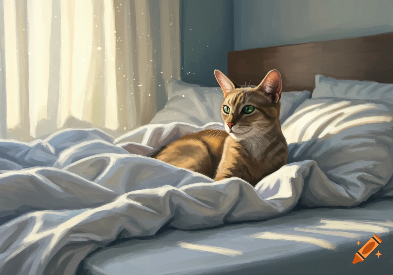 A ginger tabby cat with bright green eyes lies on a white bed in a sunlit bedroom.