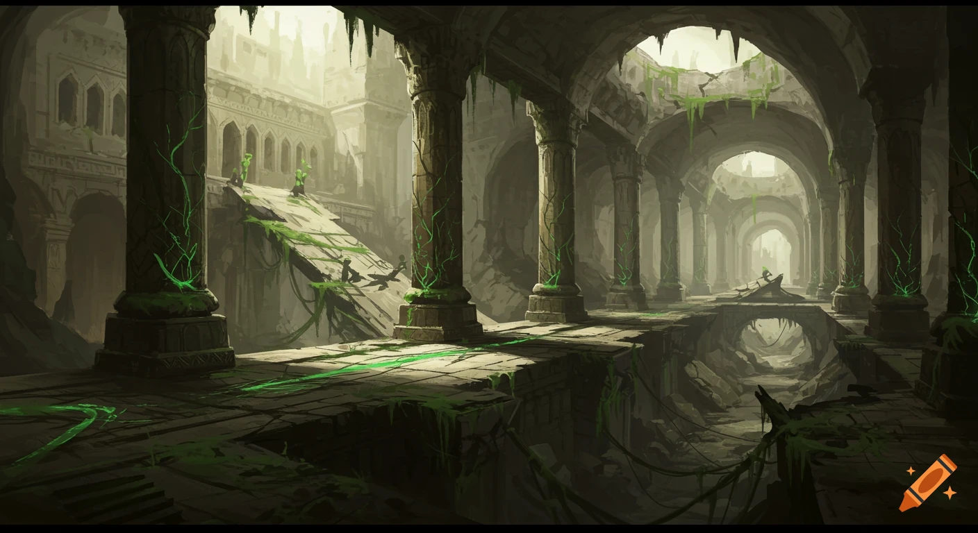 Luminous fantasy art of a vast, ruined dwarven city underground. Broken columns, arches, bridges, glowing green energy, and soft light.