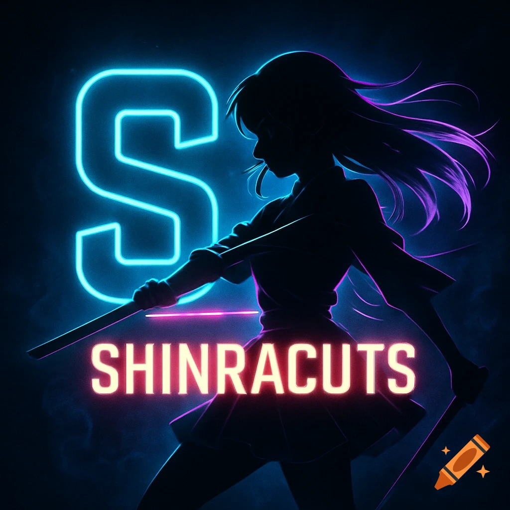 Anime girl silhouette with a katana against a dark background with blue and purple neon lights, a glowing 'S' and 'SHINRACUTS' text.
