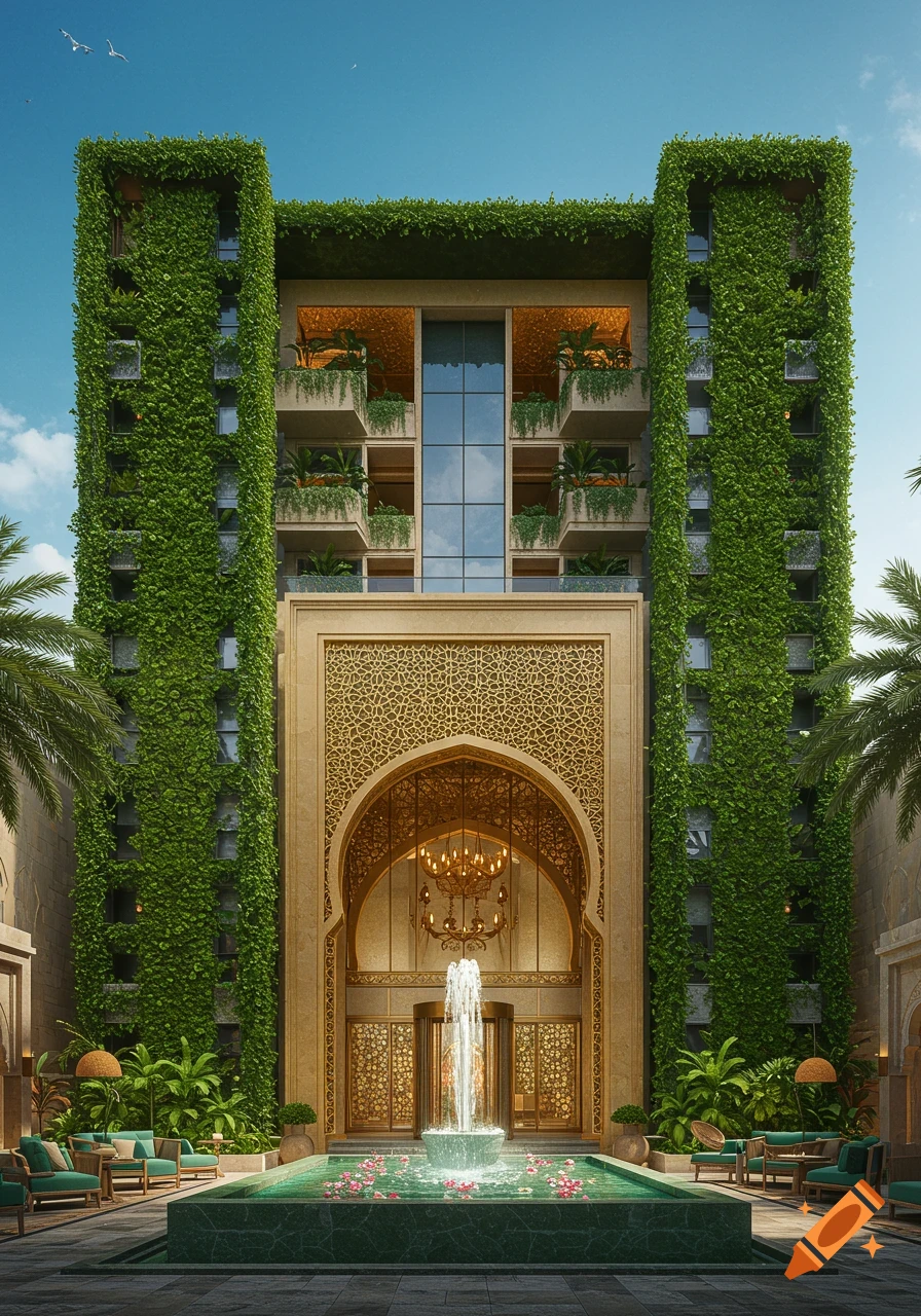 A luxurious hotel building with a lush green facade, an ornate golden archway entrance, a fountain, and a pool with floating flowers, under a blue sky.