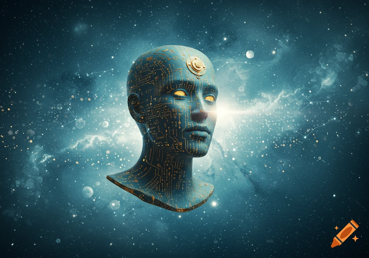 Stylized AI bust with circuit patterns and glowing eyes against a starry cosmic background.