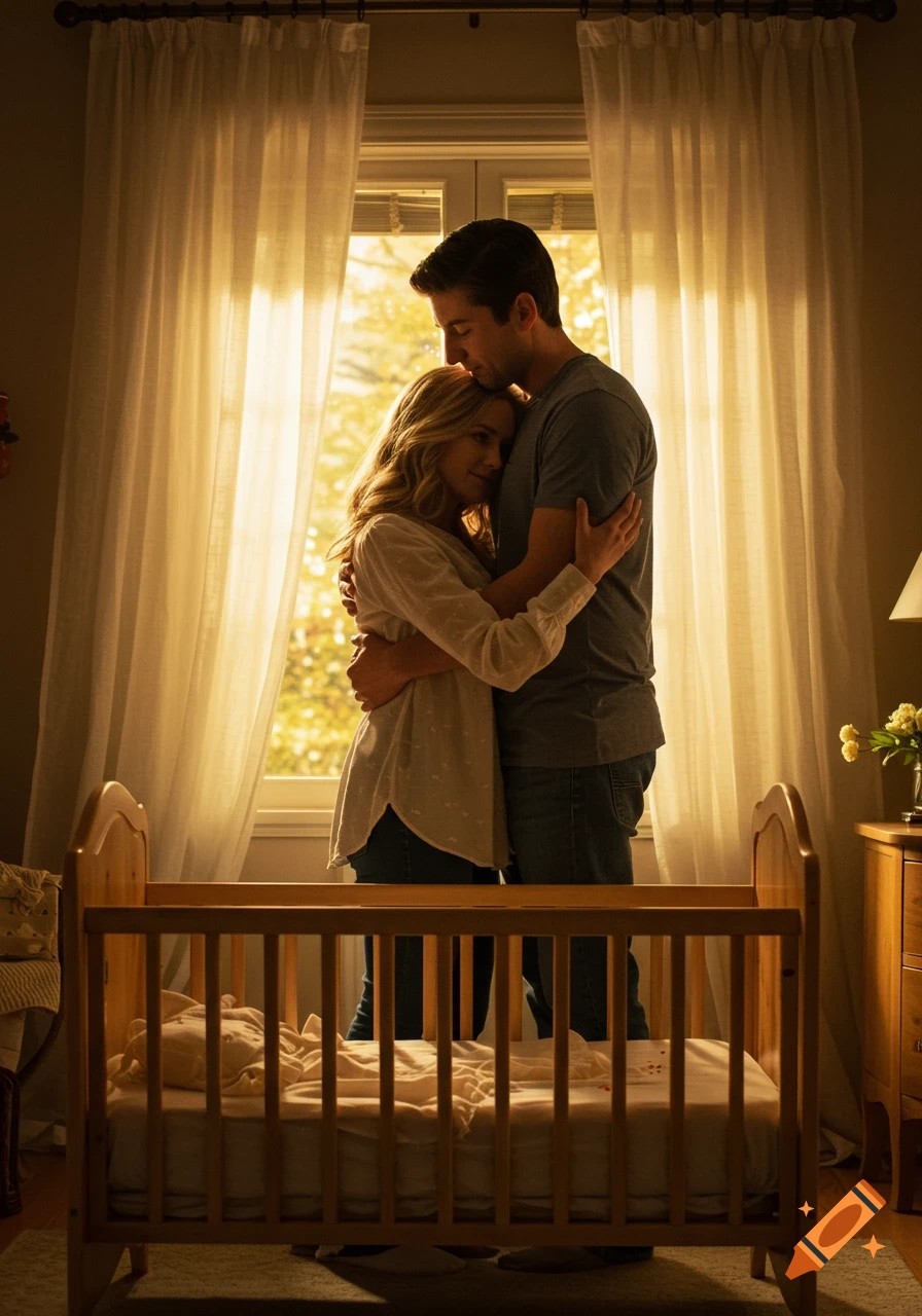 A photorealistic image of a man embracing a woman in a warm, softly lit bedroom, standing behind an empty wooden baby crib.