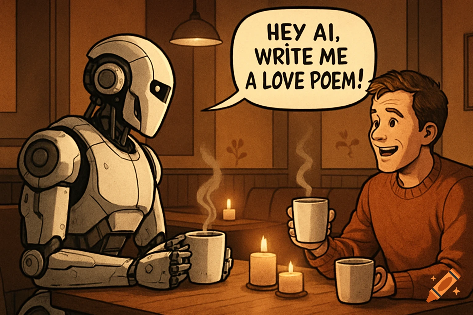 A cartoon robot and a man in a cozy cafe, both with coffee. The man asks, 'Hey AI, write me a love poem!'