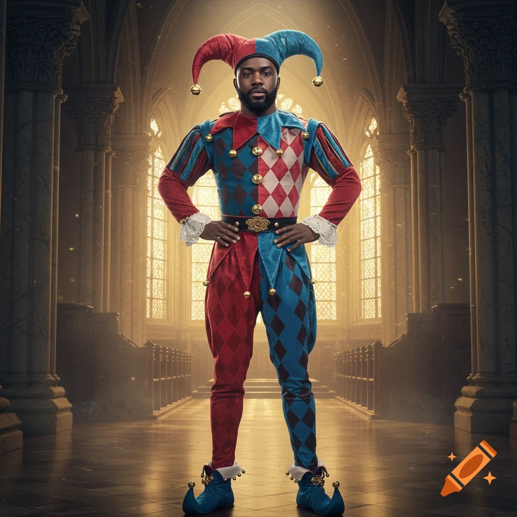 A man in a red and blue jester costume with bells stands confidently in an ornate, grand hall with tall windows.
