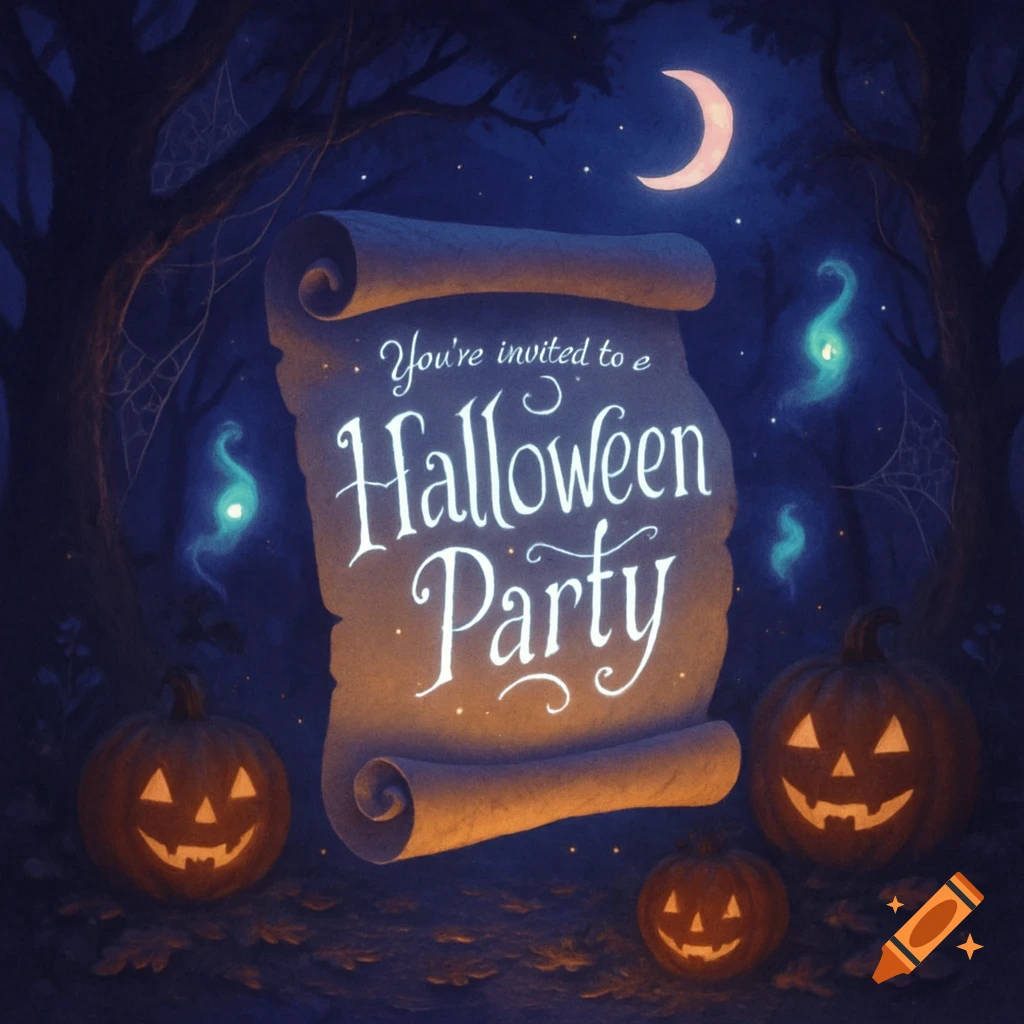 An illustrated Halloween party invitation on a scroll, with jack-o'-lanterns, spooky trees, a crescent moon, and glowing wisps.