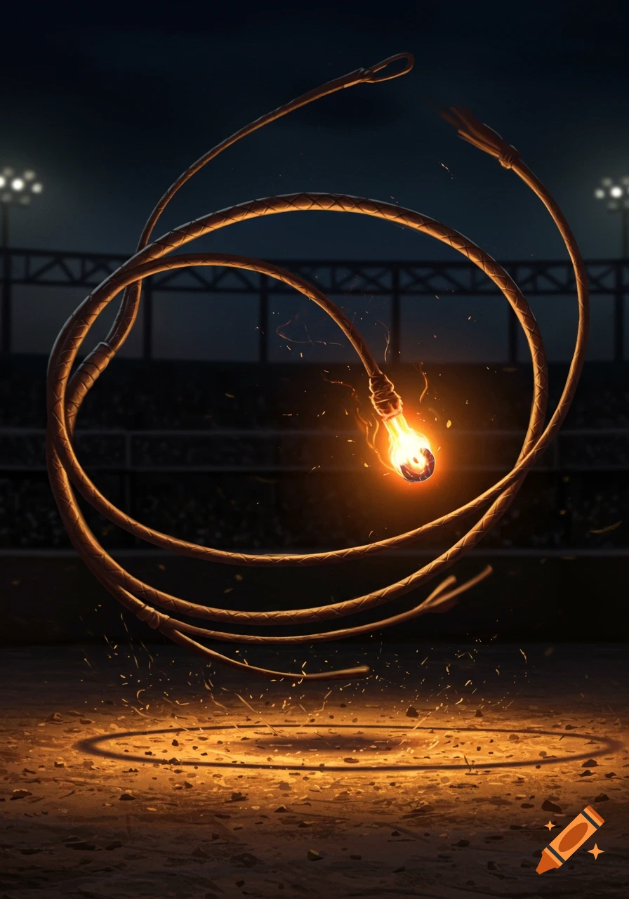 A bullwhip with a glowing, fiery tip swirls above a dirt arena, casting an orange glow on the ground, under stadium lights.