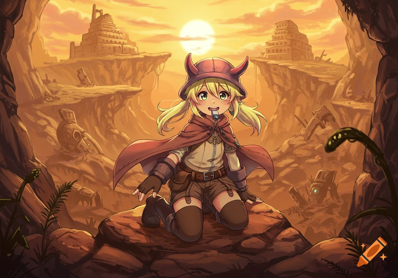 An anime girl with blonde pigtails, a horned hat, and red cape kneels on a rock in a golden desert with ancient ruins and a large sun.