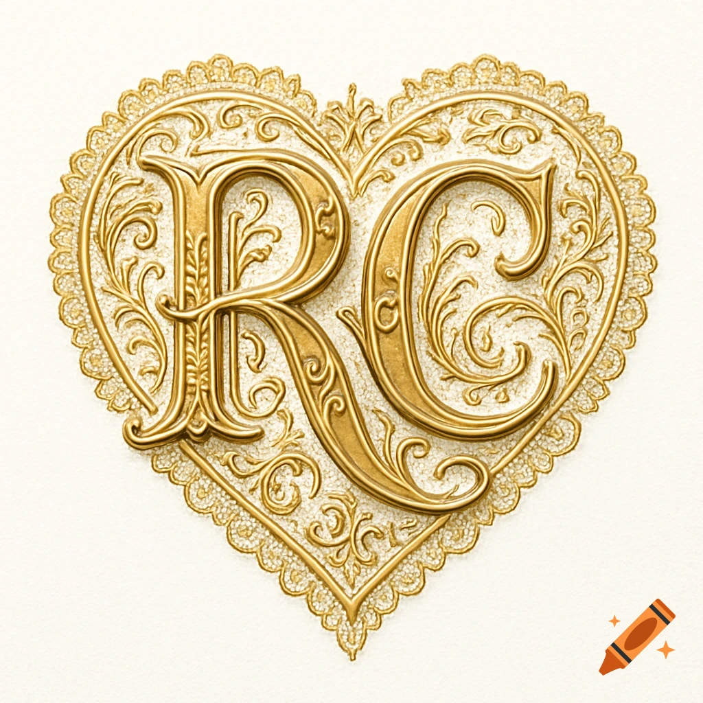 An ornate golden Victorian-style heart featuring the intertwined initials "R" and "C" on a white background.