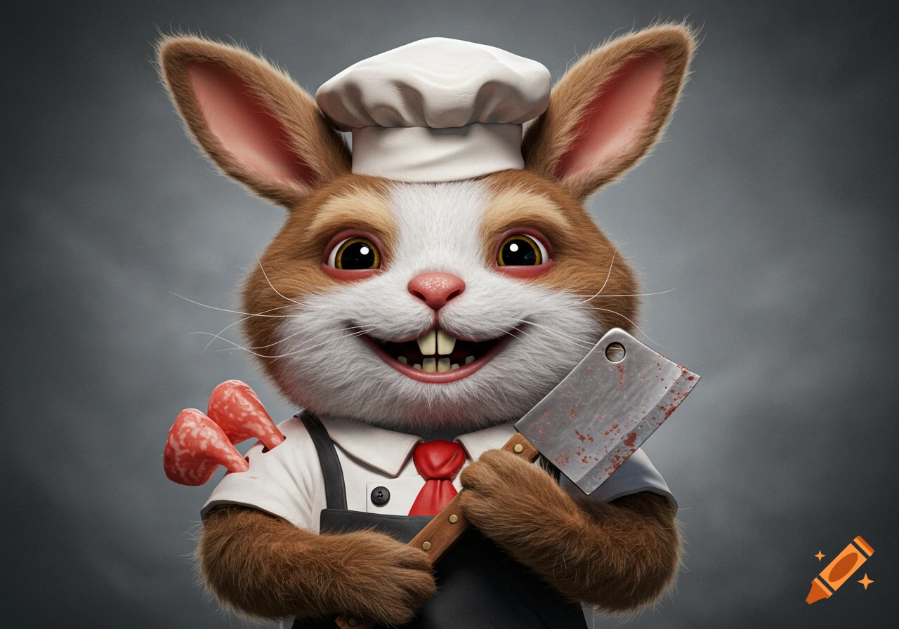 A hyperrealistic rabbit butcher wearing a chef's hat and apron, holding a bloody meat cleaver and raw meat, smiling broadly.