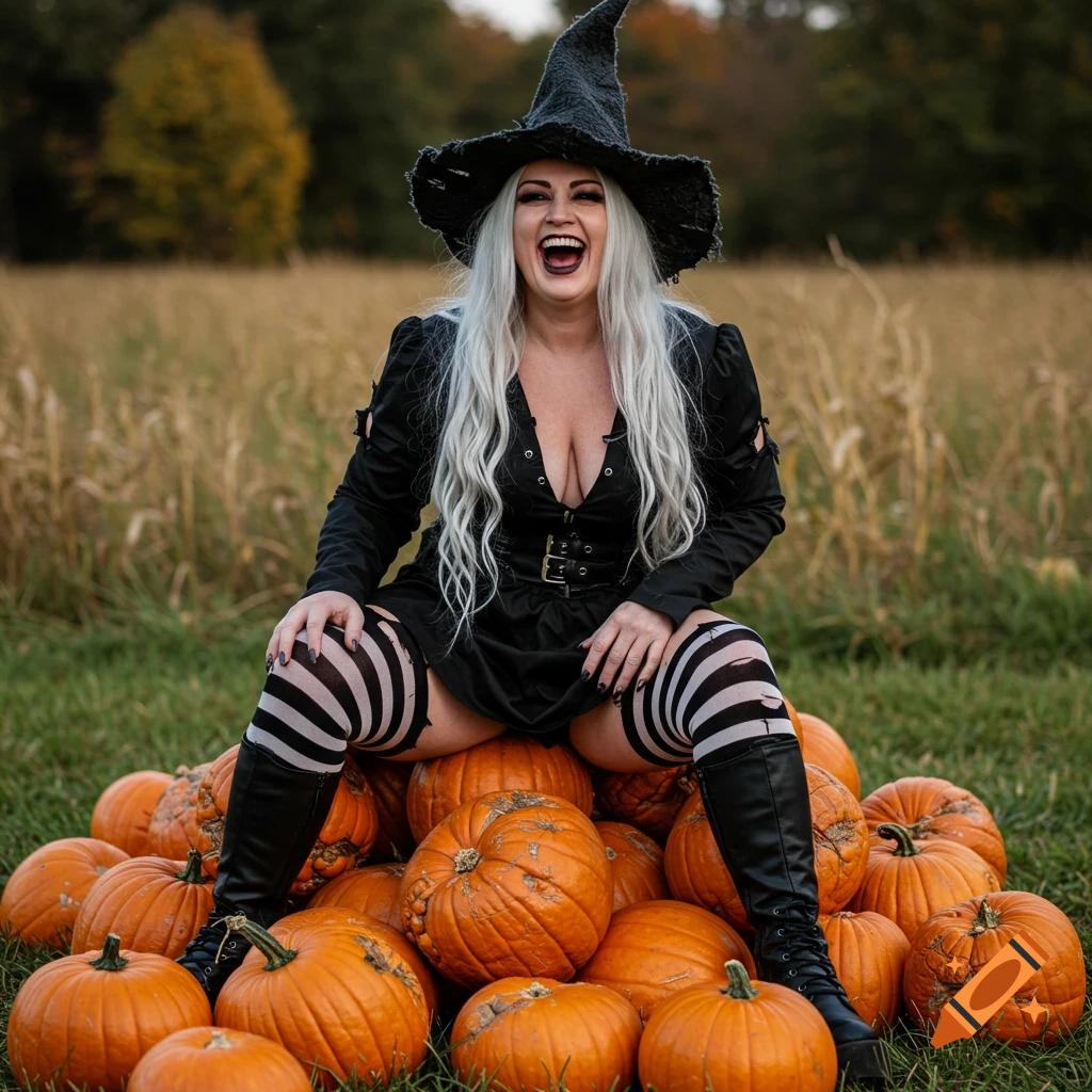 A laughing woman with long silver hair in a witch costume sits on a pile of pumpkins in an autumn field.