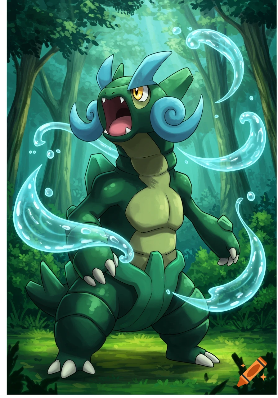 A green, dragon-like Pokémon with blue horns and water swirls, roaring in a lush forest.