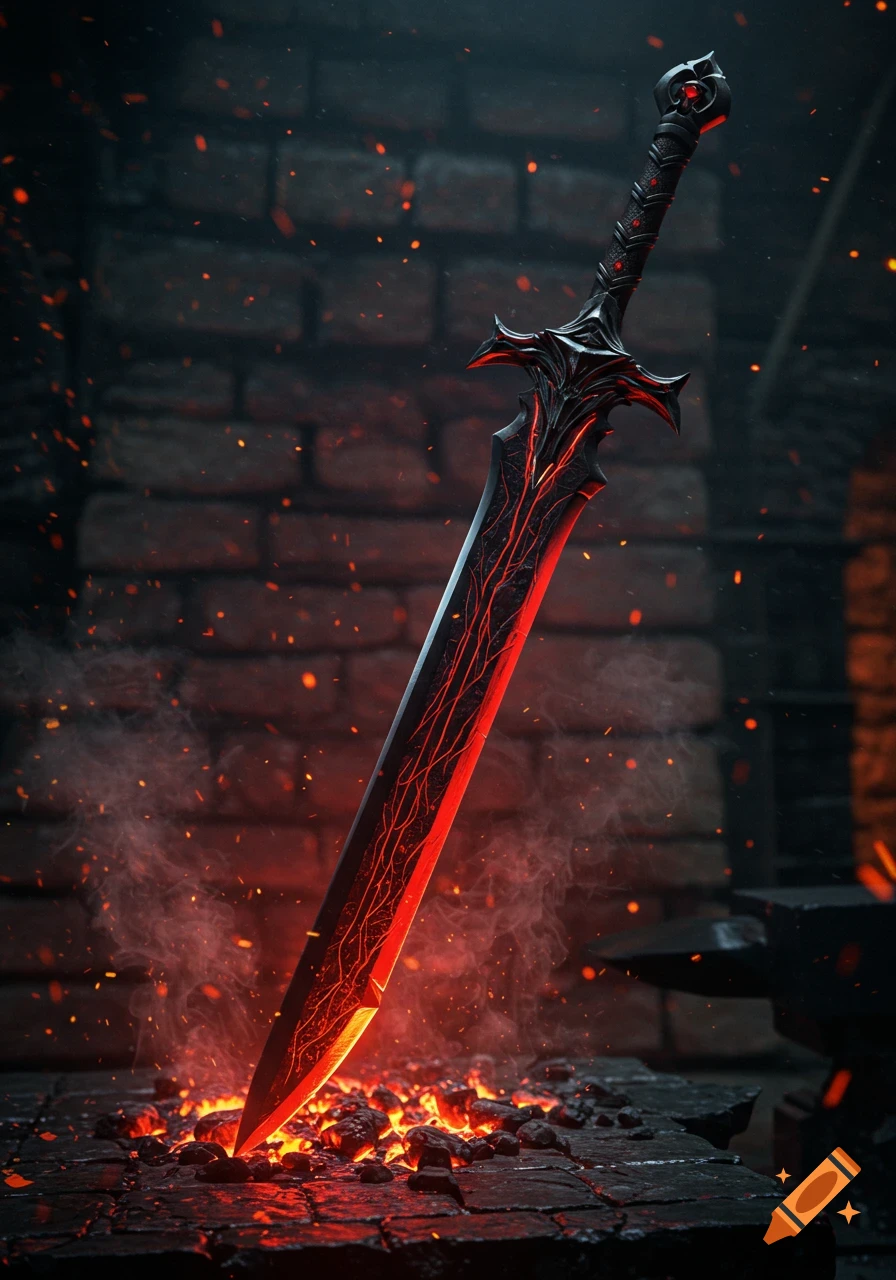 A long, ornate black and red fantasy sword with glowing red veins plunged into hot coals in a dark forge, with embers flying.