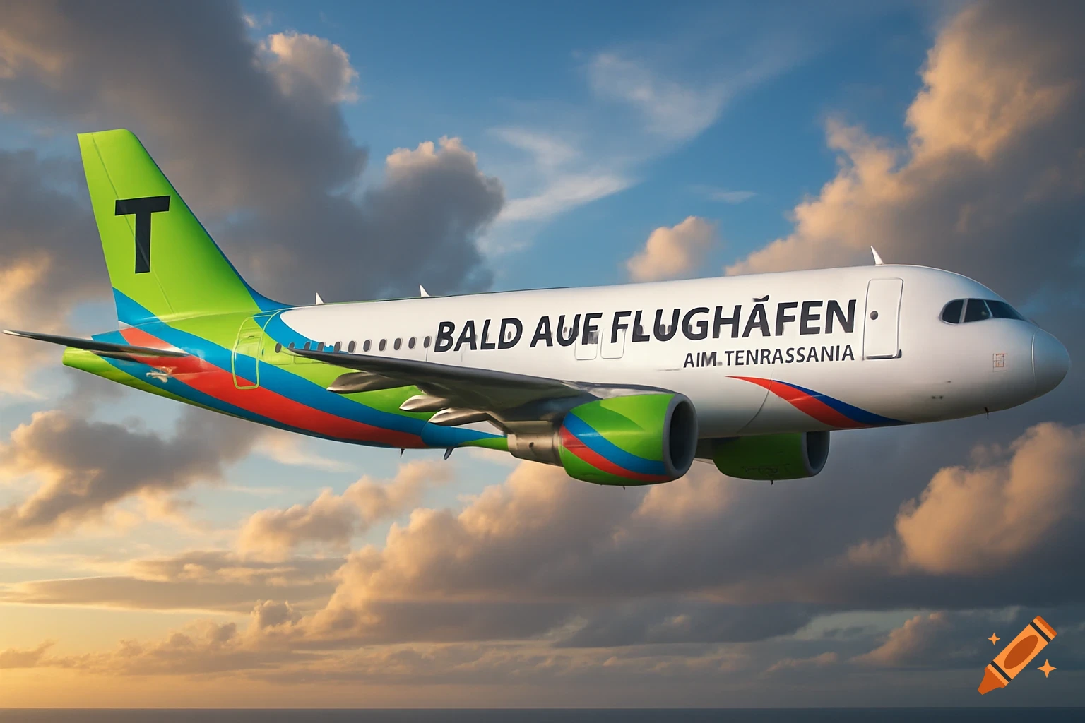 A white airplane with a green tail and colorful stripes flies through a cloudy sky at sunset, with text on its side.
