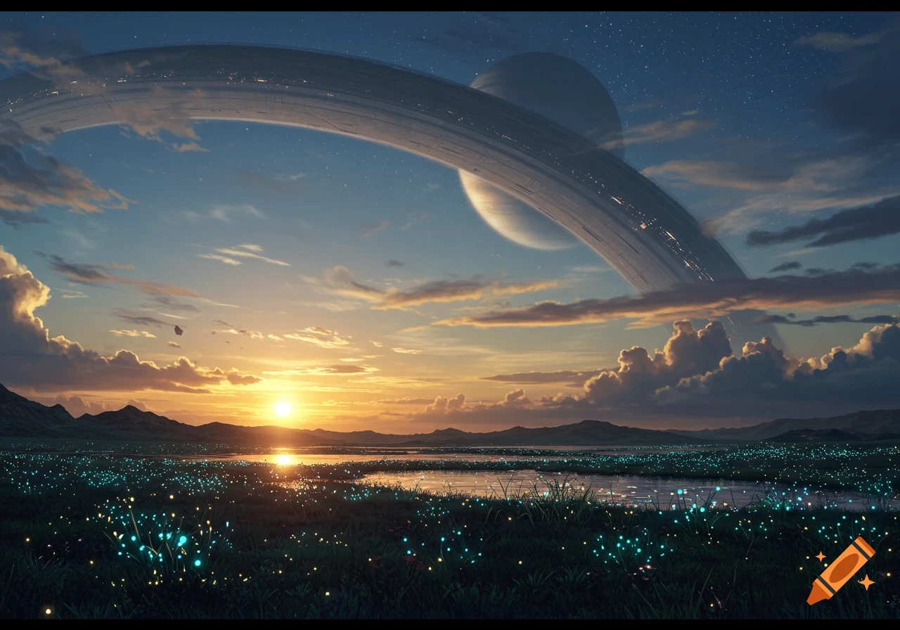 A vibrant sci-fi landscape at sunset with a massive ringworld and a gas giant in the sky, over a field of glowing plants.