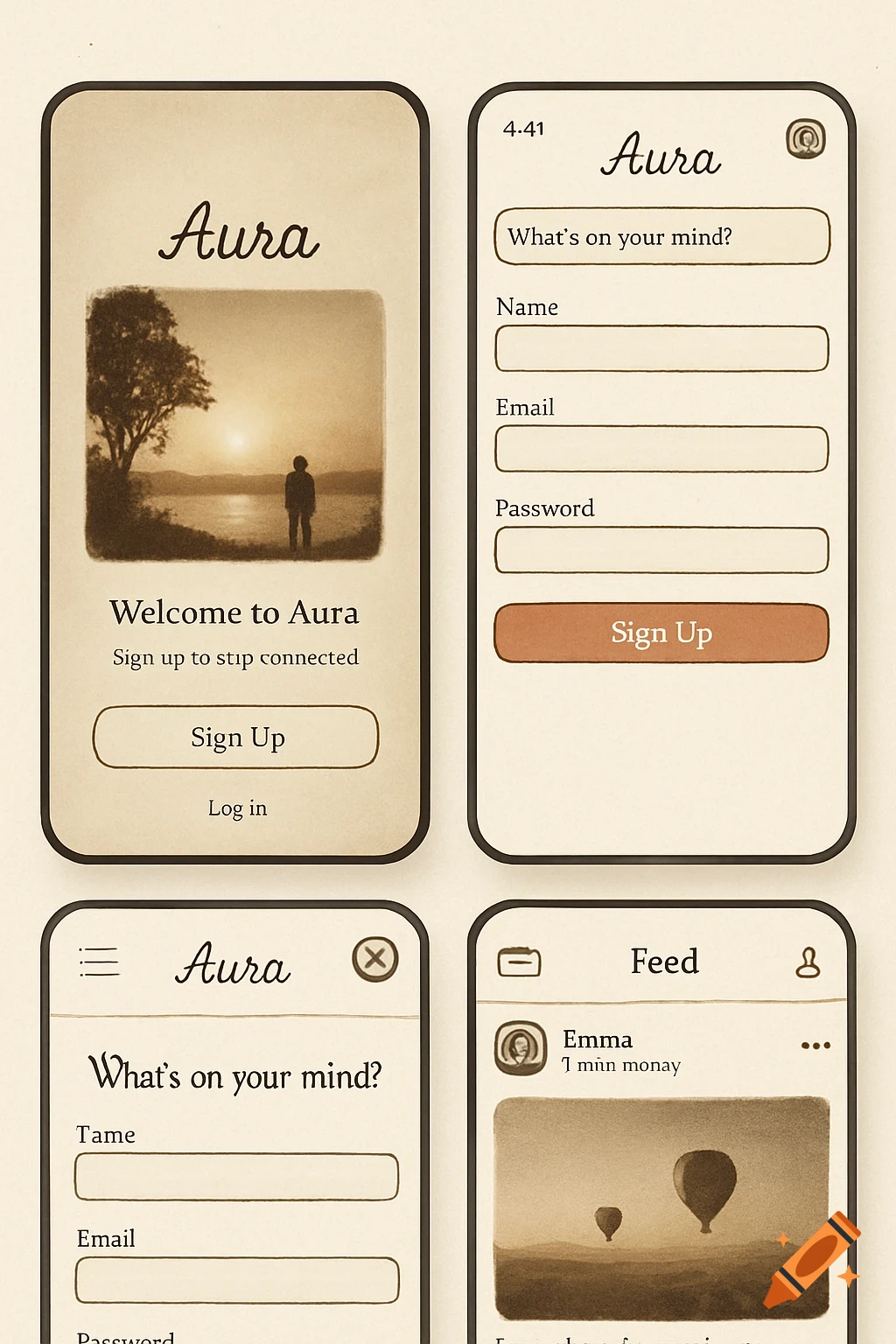 Four mobile app screens with a sepia-toned, vintage design. The app is named 'Aura', featuring sign-up, login, and feed screens with warm cream backgrounds and faded images.
