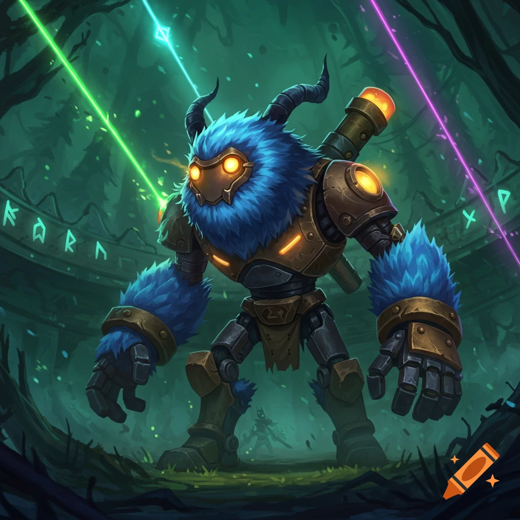 A blue furry horned robot creature with glowing orange eyes and armor stands in a dark, mystical forest with neon lights.