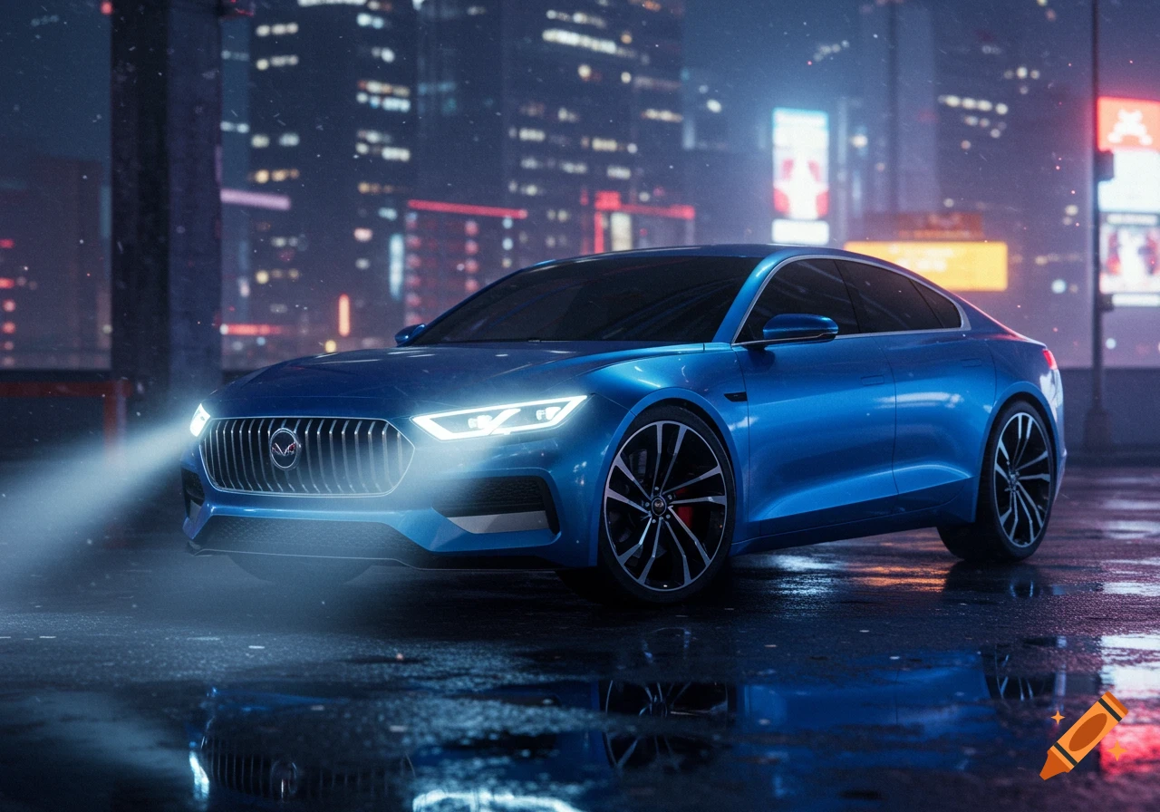 A shiny blue sports sedan with its headlights on, parked on a wet city street at night, reflecting the glowing city lights.