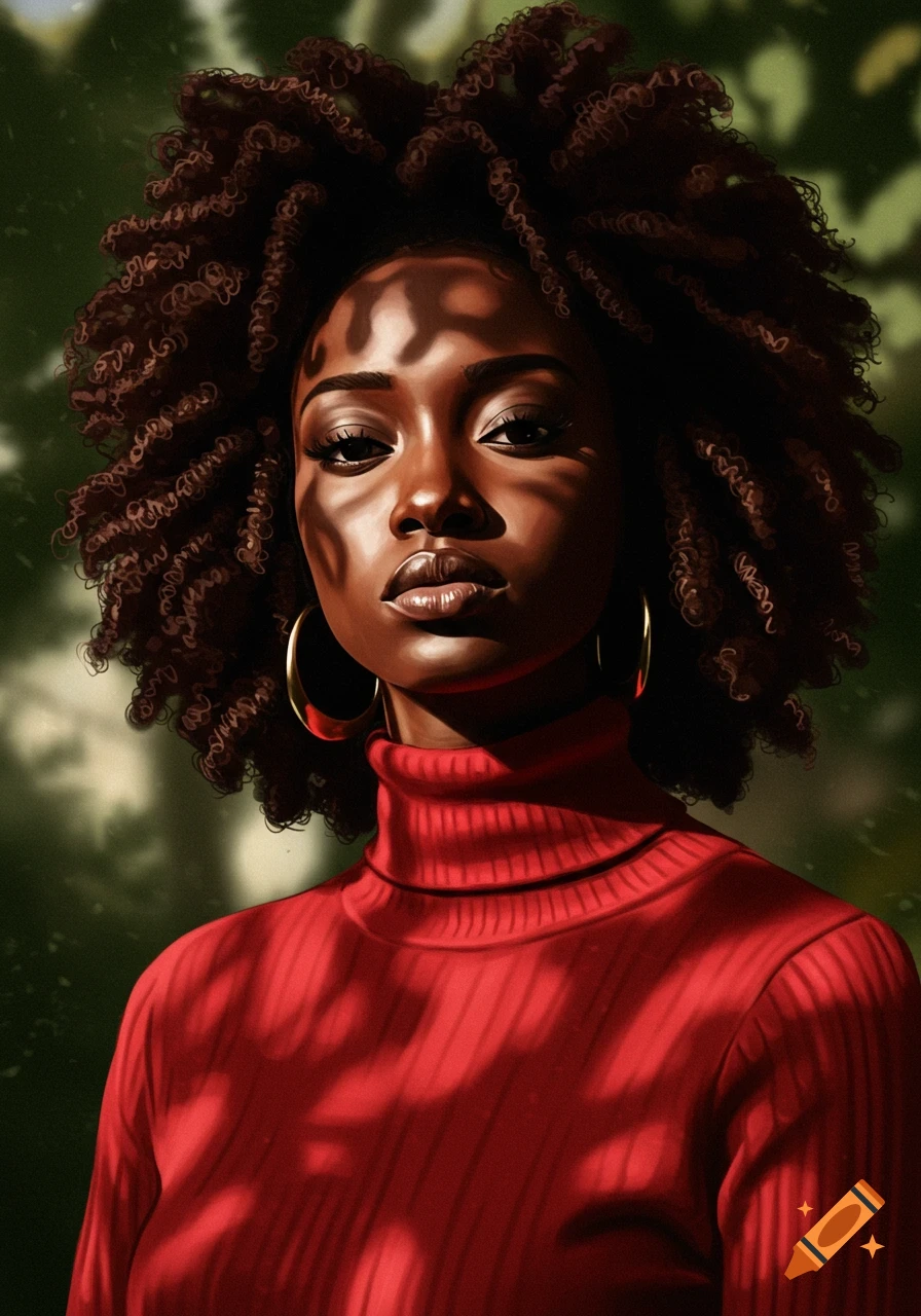 Digital painting of a dark-skinned woman with a voluminous afro in a red turtleneck, dappled sunlight on her face.